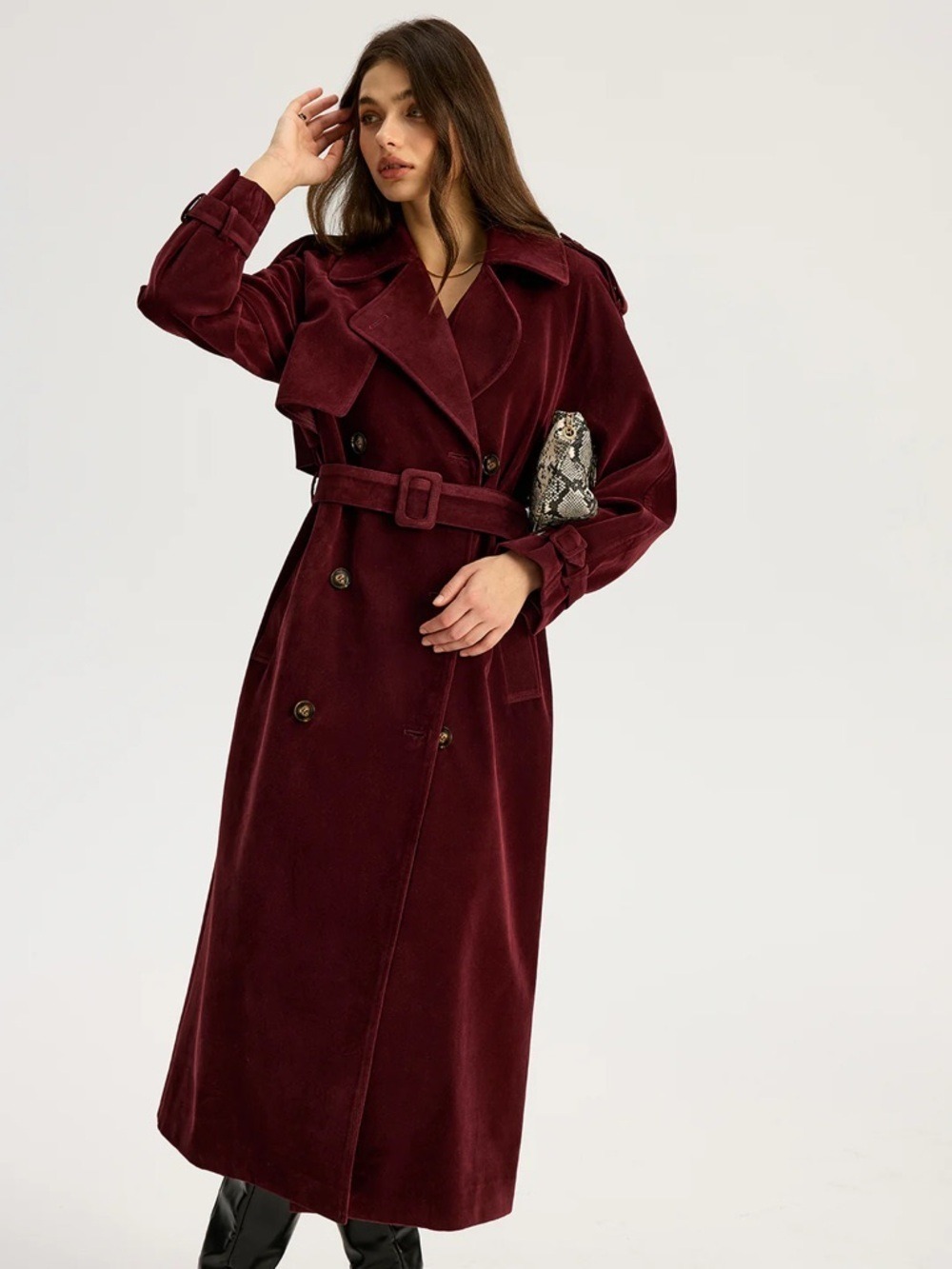 Commense Belted Double-Breasted Suede Effect Long Trench Coat - Picture 5 of 13